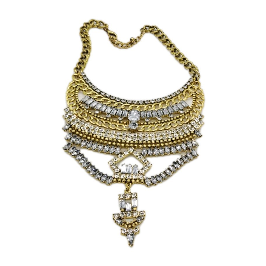Geometric Bib Necklace White Crystal Rhinestone Dangle Gold tone Couture 15 in