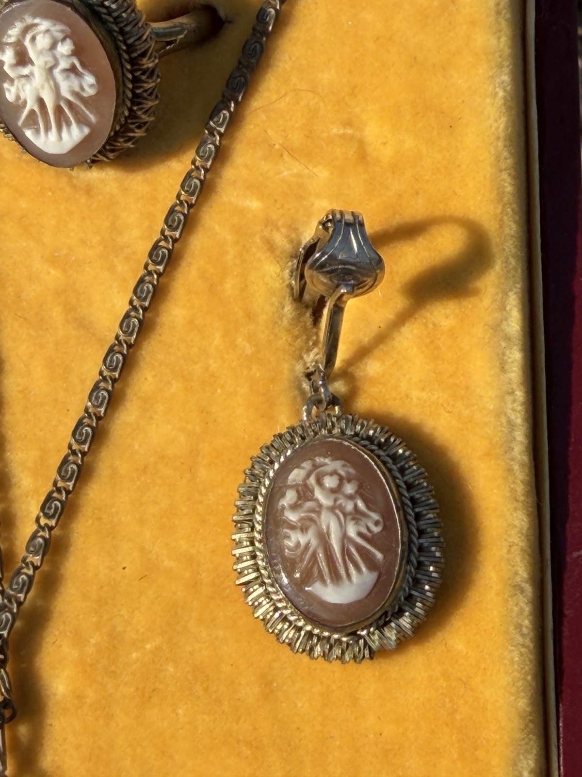 Antique Ditta Lopez Shell Cameo Set Earrings Necklace Ring-Naples Italy w/Box