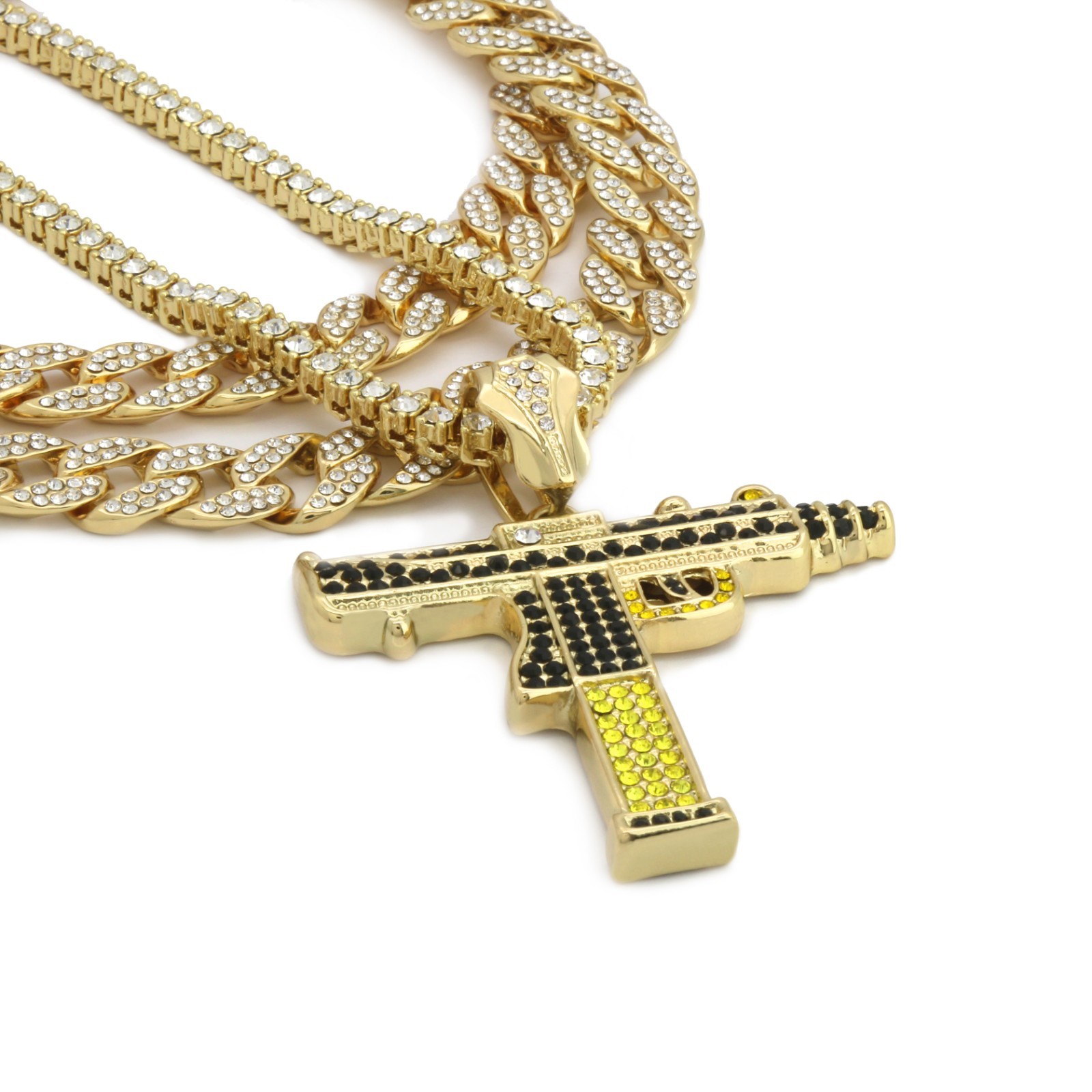 Men’s Hip Hop 14k Gold Plated Uzi Gun Pendant Cubic-Zirconia 3 Chains Bundle