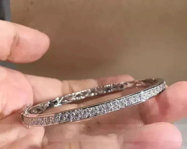 Real Moissanite 6.00CT Round Cut Bangle Bracelet 14K White Gold Plated Silver