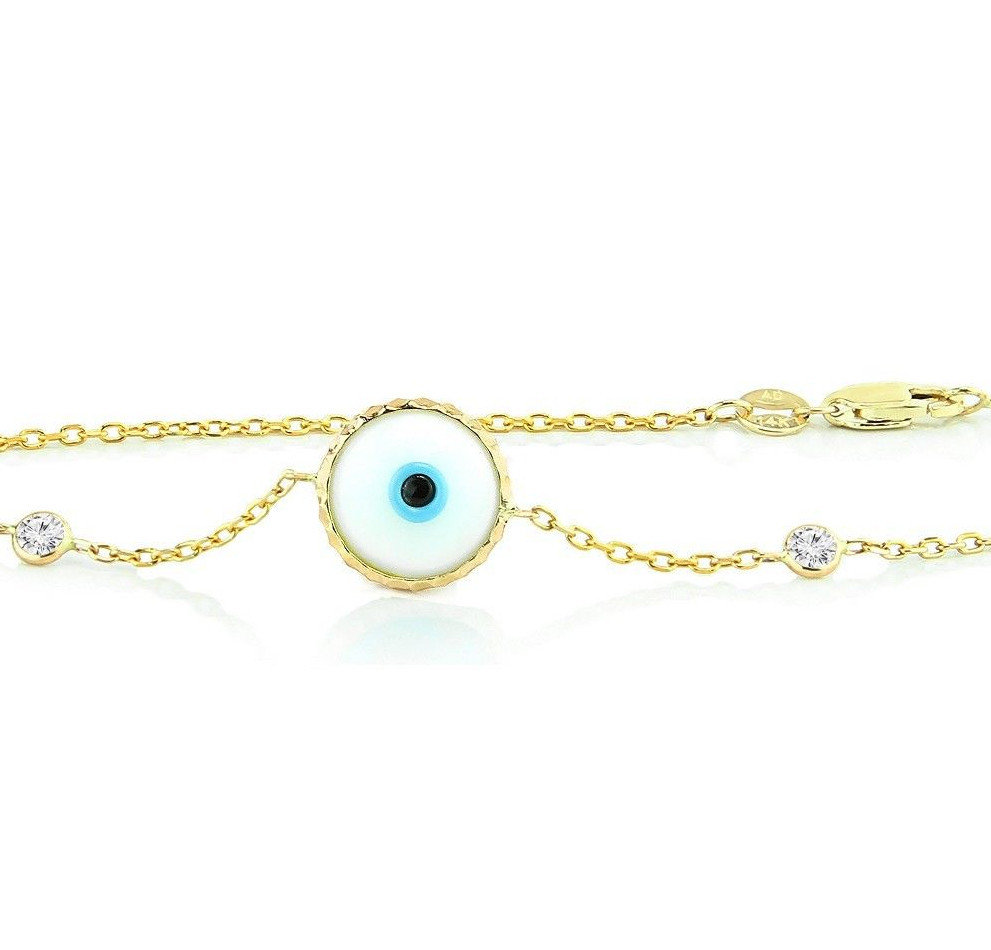 Handmade 14K Yellow Gold Evil Eye Bracelet With Diamonds – White 7.5 Inches