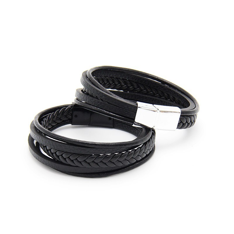 Unisex Leather Braided Wrap Bracelet – Black 21cm