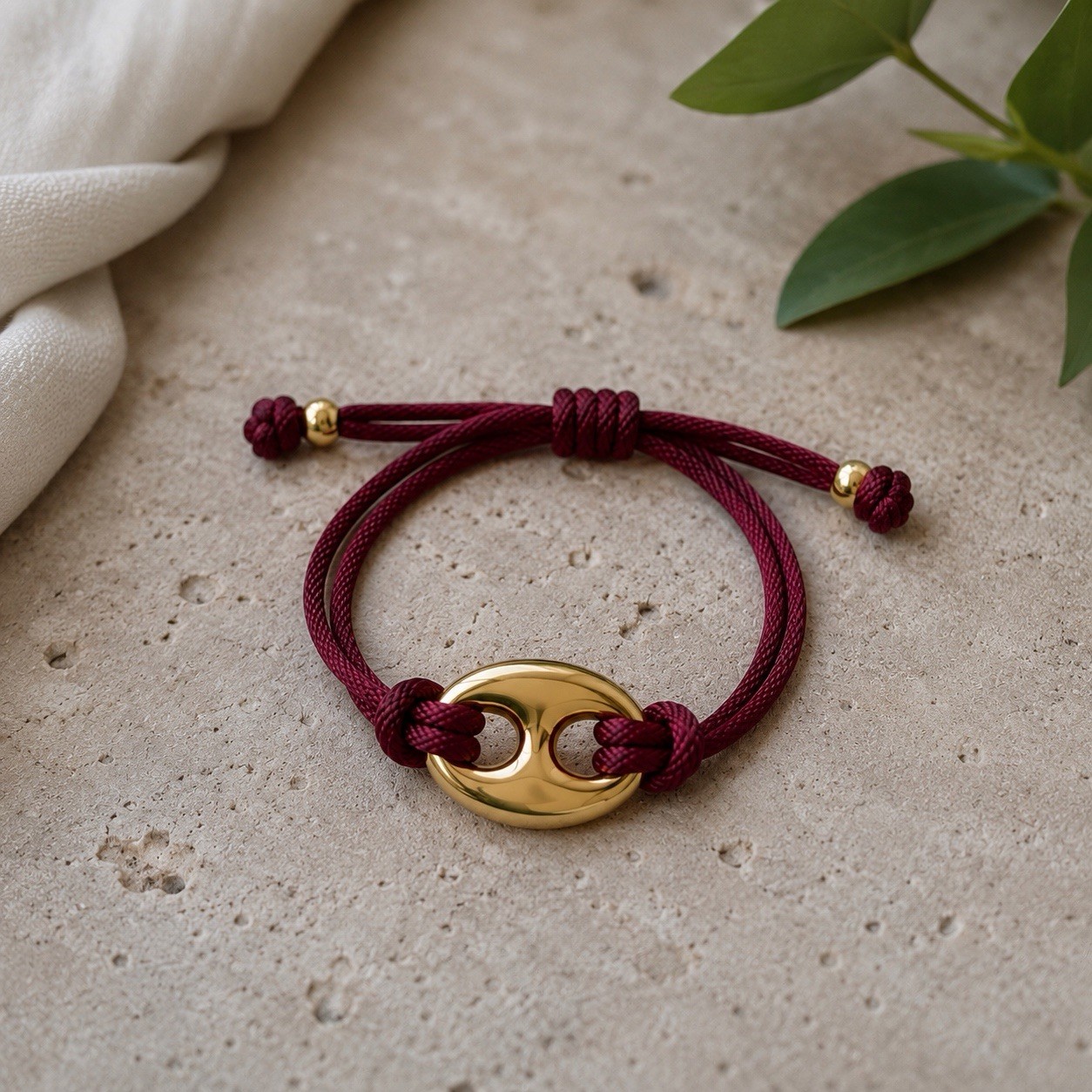Burgundy Cord Bracelet with Gold Oval Charm, Adjustable