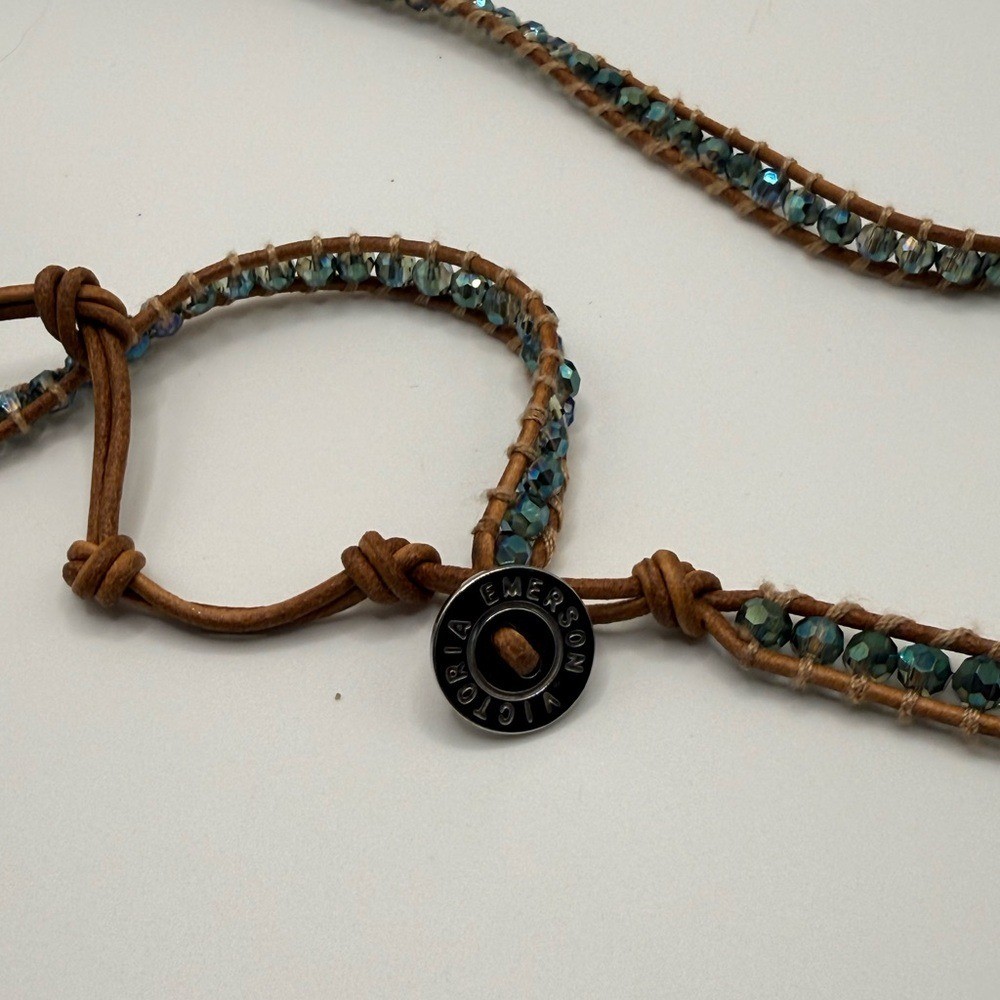 Victoria Emerson 5‑Wrap Bracelet – Iridescent Green/Blue Crystals on Tan Leather