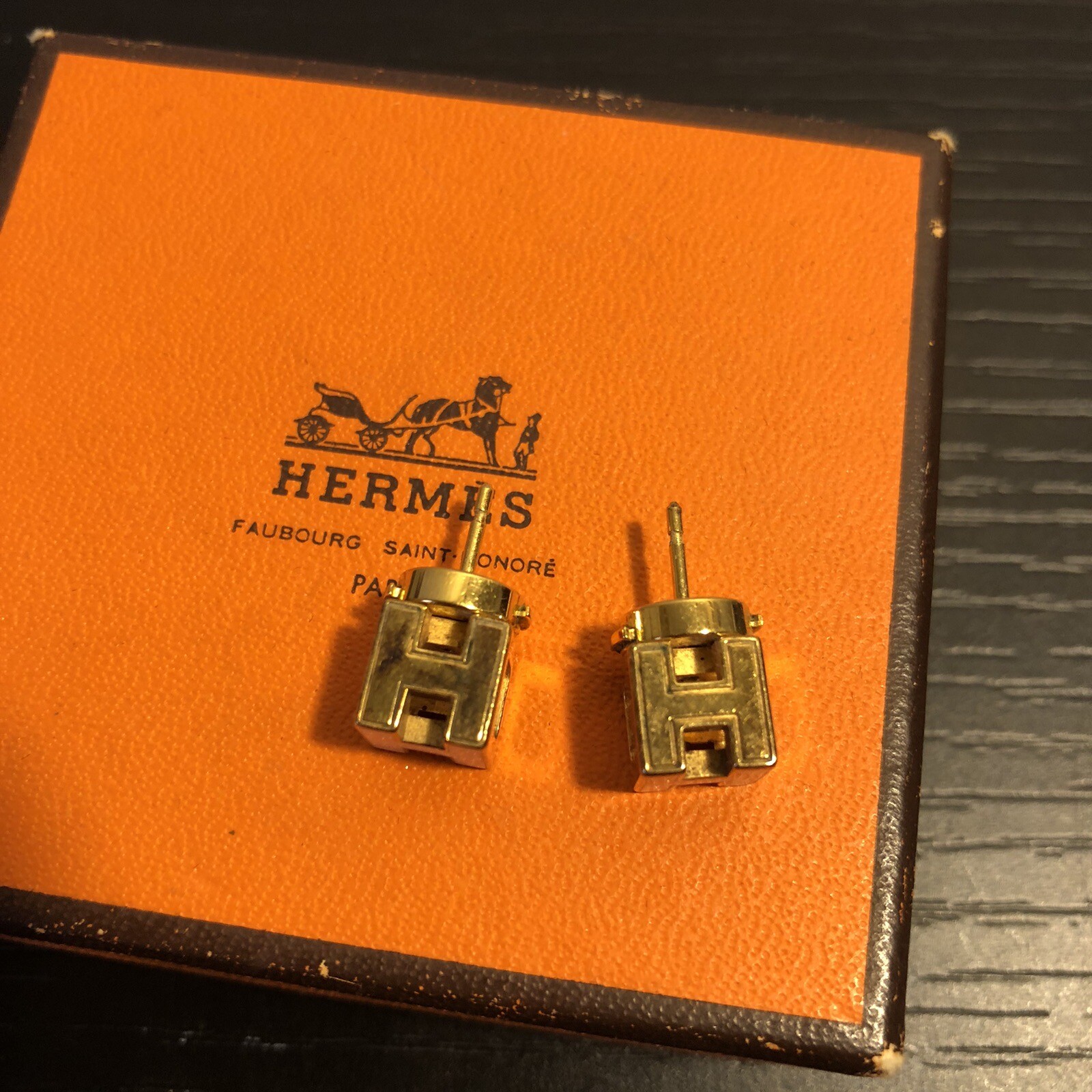 Hermes Stud Square Cube H Logo White Enamel Pierced Post Earrings Gold