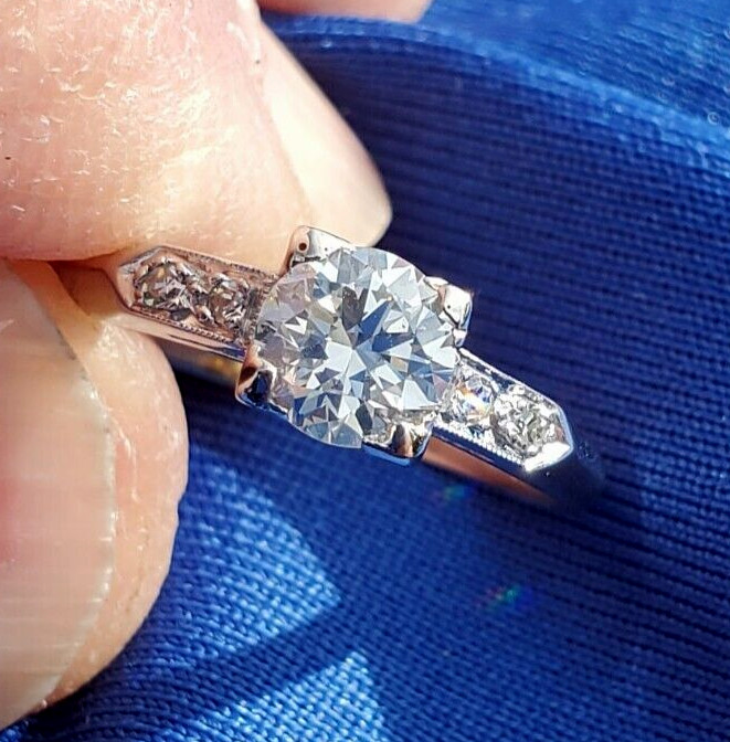 Original EARTH MINED DIAMOND Deco Engagement Ring Vintage PLATINUM Solitaire S 5
