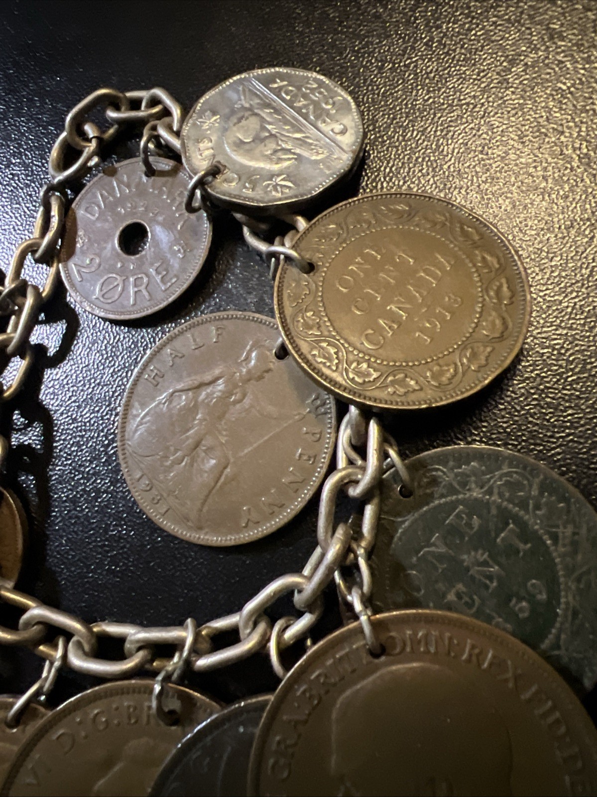 Vintage 835 Continental Silver Coin Charm Bracelet Travel World Coins European