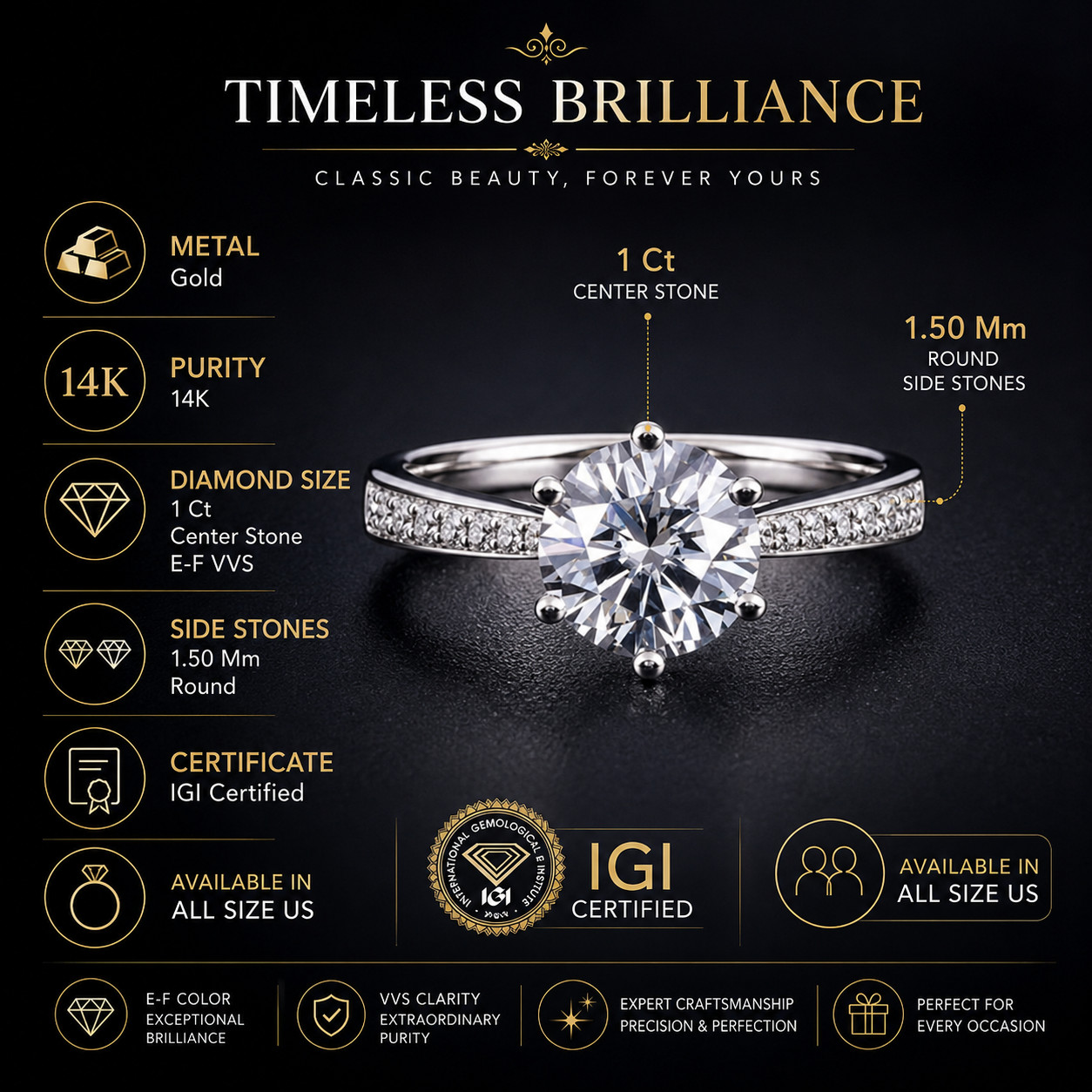 1.50 CT E-F/VS Lab-Grown Diamond Side Stone Engagement Ring in 14K White Gold