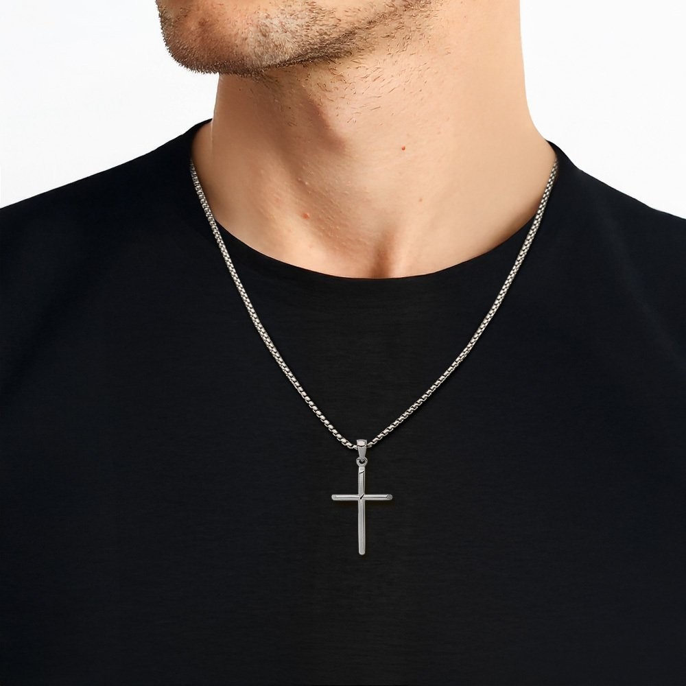 10K Solid White Gold Fleur De Lis Large Tubular Cross Pendant Necklace 35.6mm