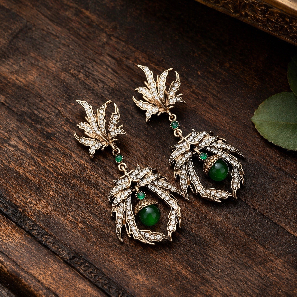 Art Nouveau Leaf VTG Antique Museum Medieval CZ Cabochon Deco Gold Court Palace