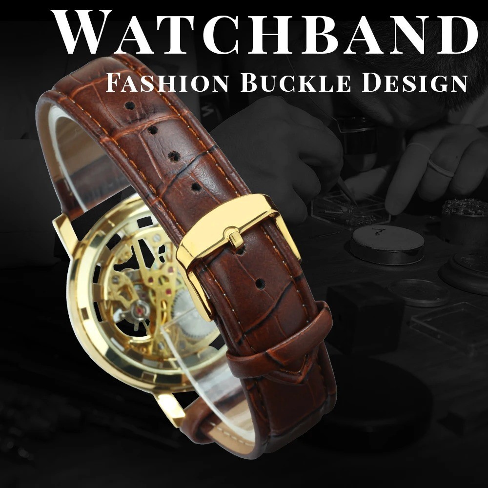 Jacob Transparent Gold Skeleton Mechanical Watch Casual Leather Strap Men