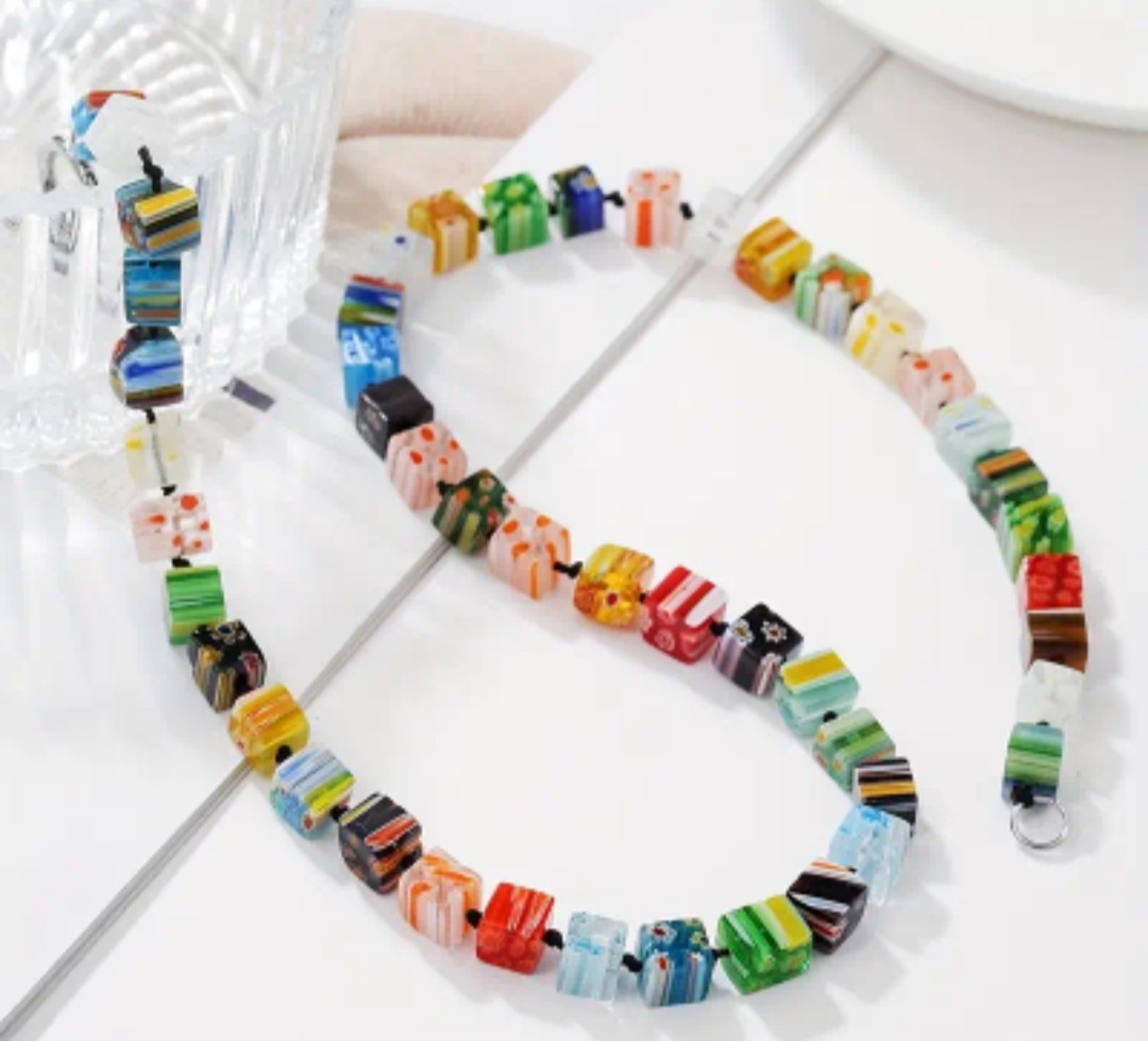 Murano Style Multicolor Thousand Flower Glass Cube Beaded Necklace (21.65in)