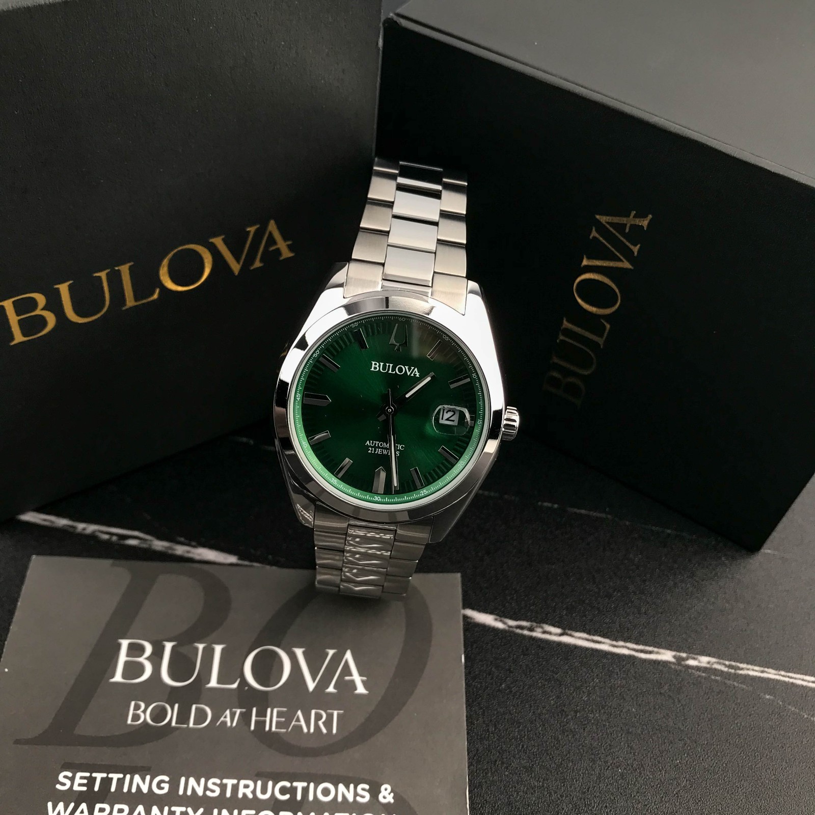 Bulova 96B429 Men’s Surveyor Automatic Green Dial Stainless Steel Watch 38mm