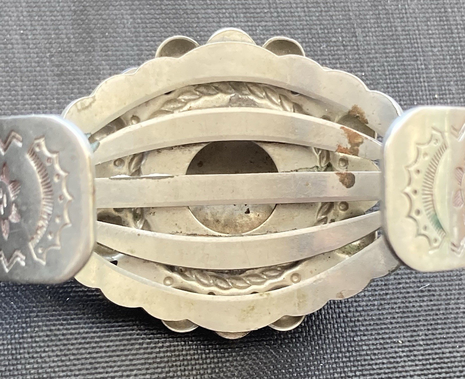 Vintage Bracelet Nickel Silver Faux Turquoise Cuff Stamped BELL TRADING POST