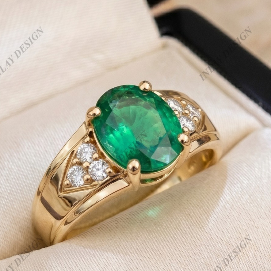 Princess Cut Oval Green Emerald 14k Yellow Gold Plated Unisex Ring For him