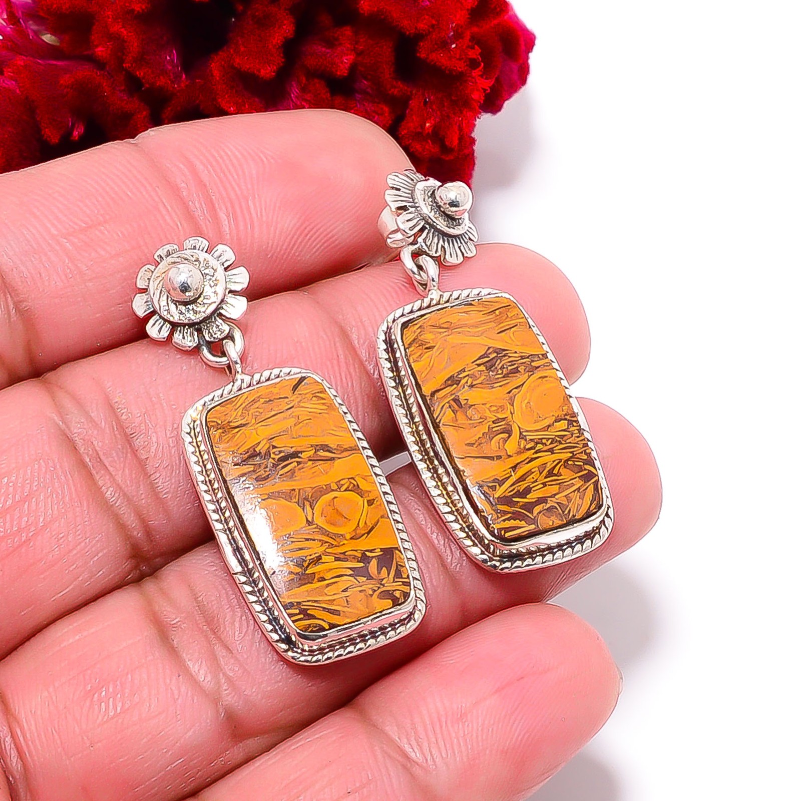 Natural Mariam Jasper Designer Handmade 925 Sterling Silver Earring 1.56″ E98951