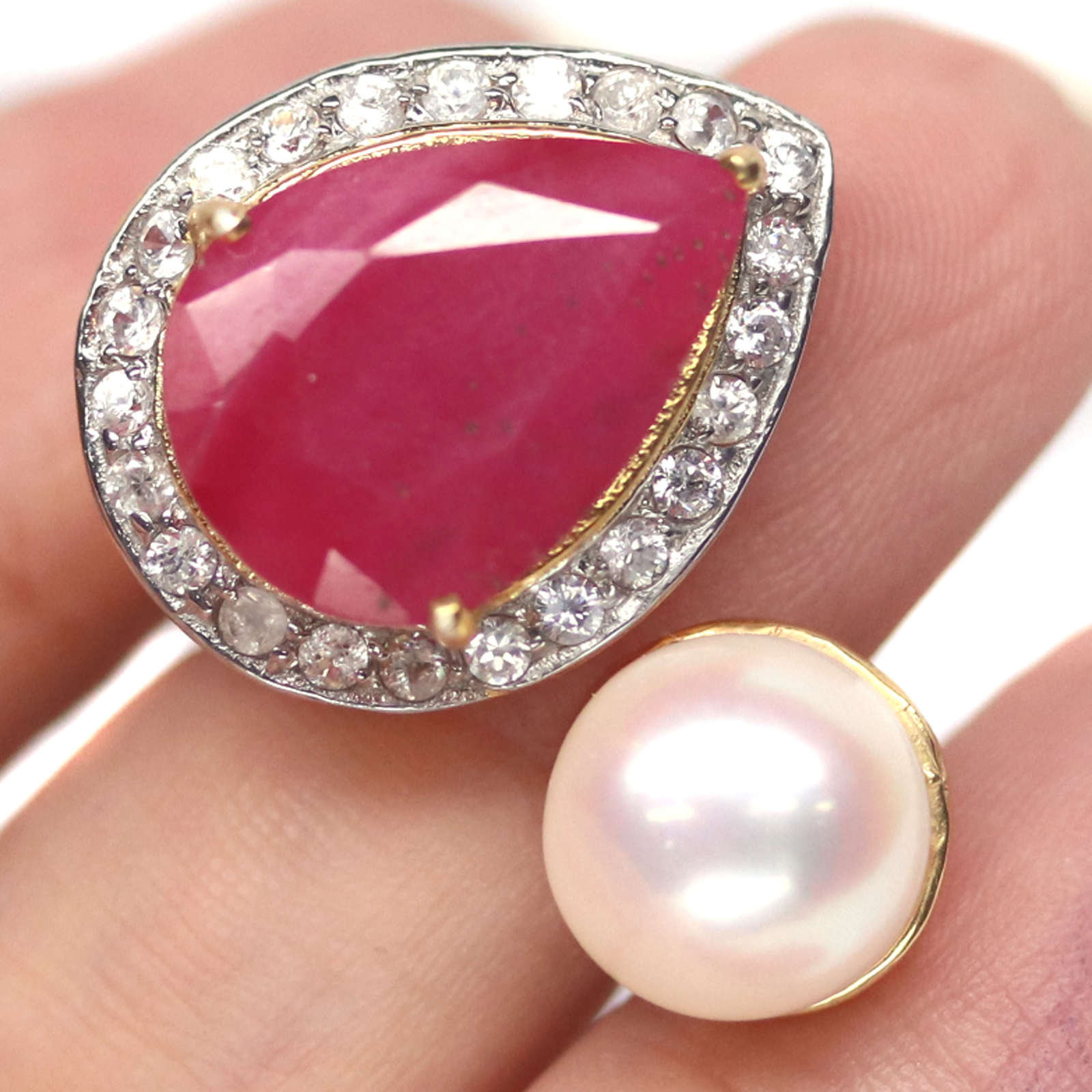 Ruby Pearl Ring 925 Silver Red Gem Halo Zircon 13x18mm Statement