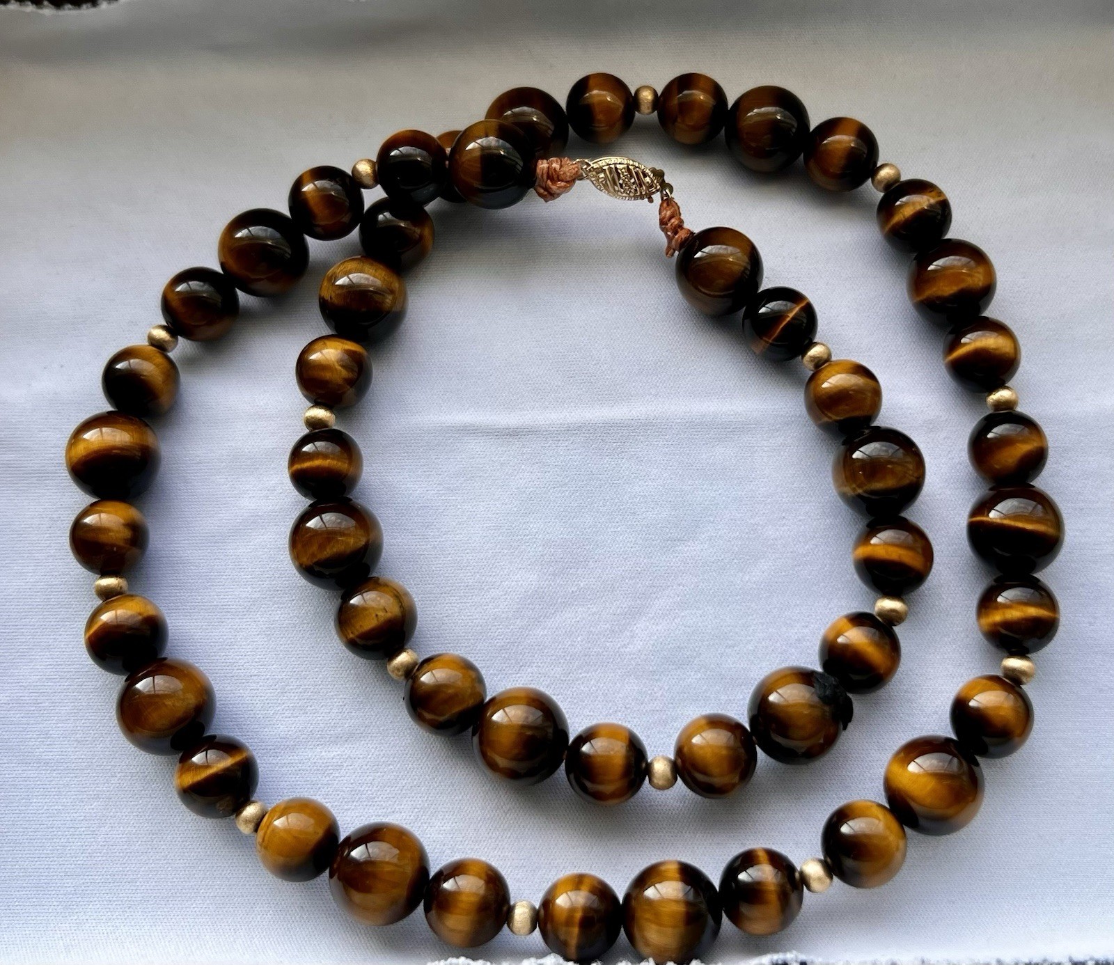 Brown Round Tiger’s Eye Gemstone Beaded Necklace 14k Gold Clasp Closure