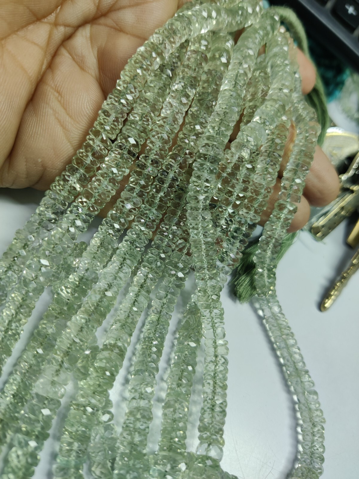 AAA PRASIOLITE GREEN AMETHYST WHEEL TIRE FACETED 6-7 MM BEADS 8″ STRANDS
