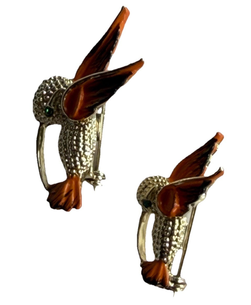 Vintage Pair Gerry’s Hummingbird Gold Tone & Orange Pins 1″ & 1.5″