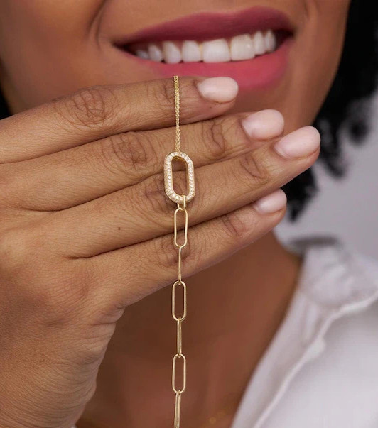 Paperclip Chain Link Statement Bracelet Round Moissanite 14K Yellow Gold Plated