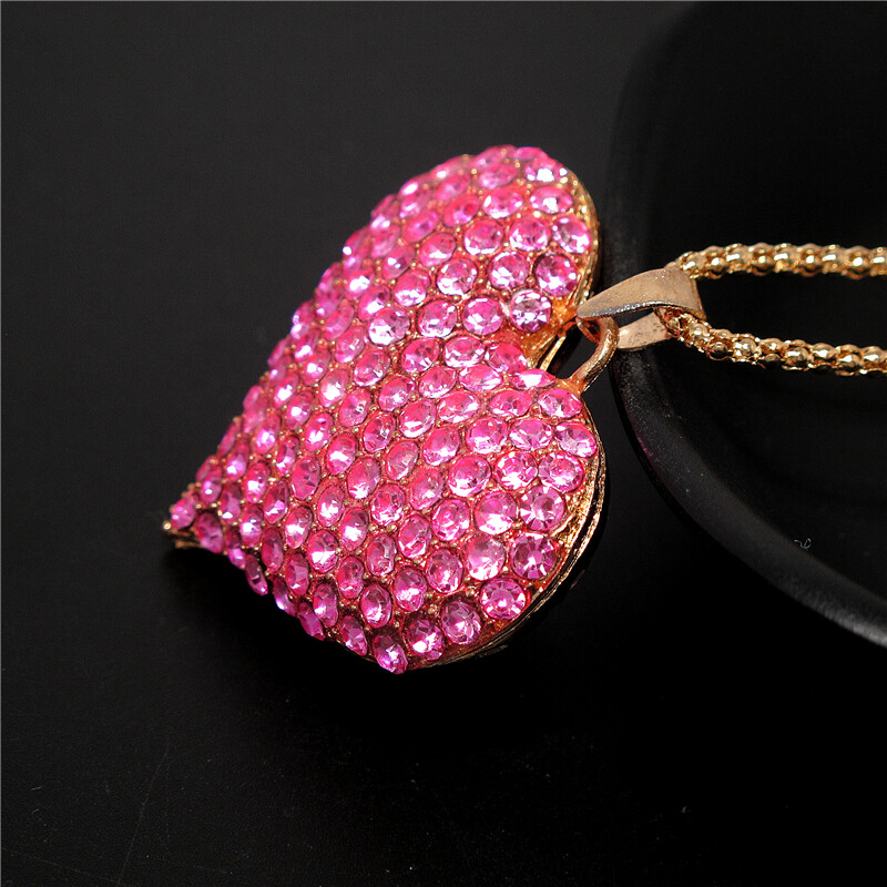 Fashion Women Pink Rhinestone Rose Shiny Heart Crystal Pendant Chain Necklace