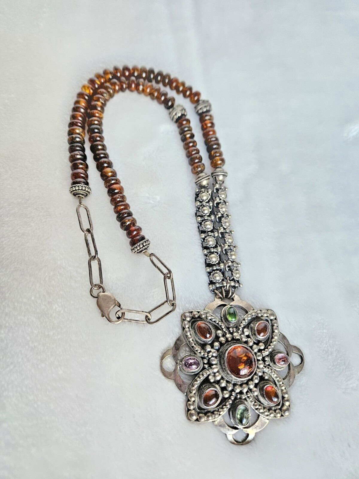 Vintage 925 Solid Sterling Silver Multicolor Amber Large Pendant Necklace