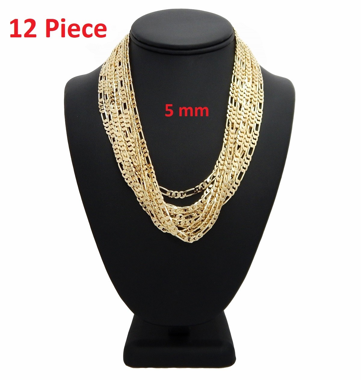 12 Piece 5mm Italian Figaro link Chain 20″ 24″ 30″ 14k Gold Finish Wholesale Lot