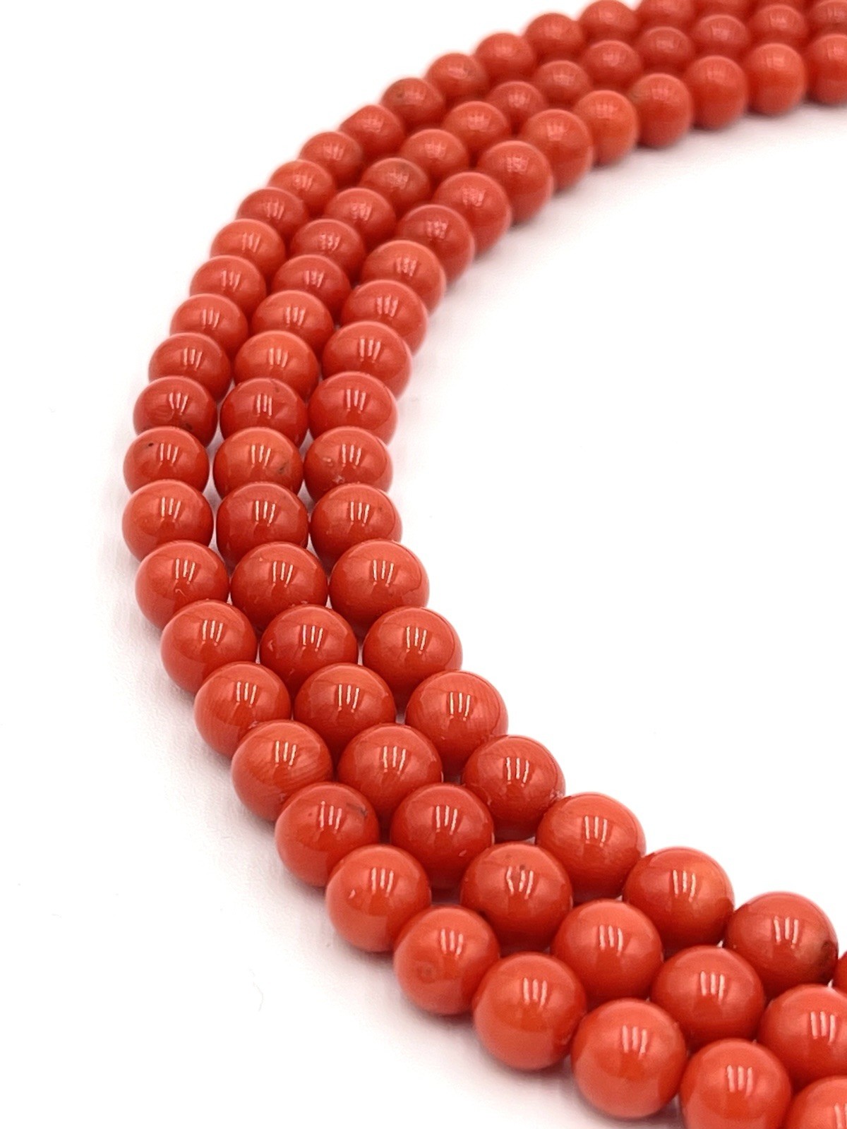 Natural Mediterranean Red Coral 3 Strand Necklace 7mm 18Kt Gold Made in Italy