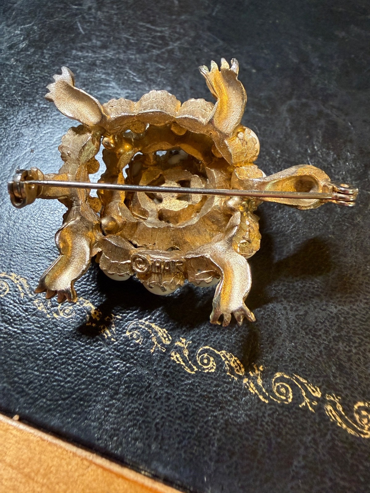 Vintage HAR Turtle brooch Gold Tone White Figural Animal Pin Signed Excellent