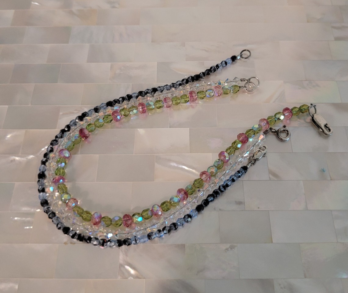 Lot of 3 925 Silver Crystal Beaded Ankle Bracelets 9-9.5″ long