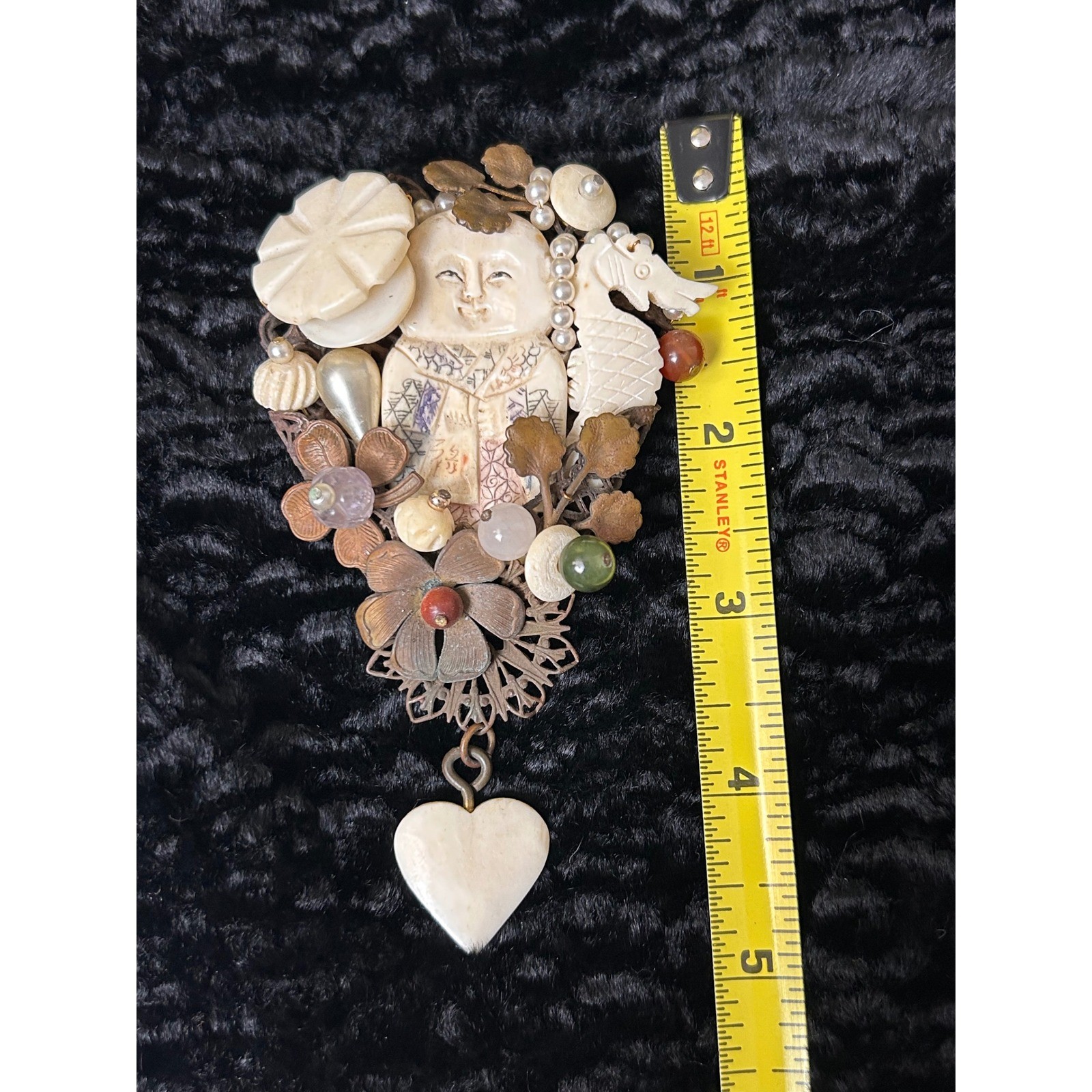 Sarah Jane Mixed Media Assemblage Brooch Carved Asian Figure Dragon Heart 4.5″