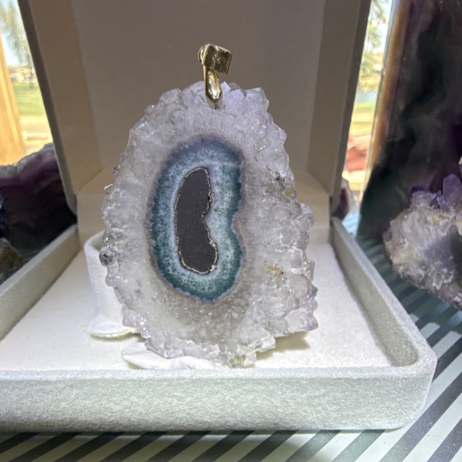 Trapiche Asymmetrical Pendant with S925 Gold Bail, Green Black White Natural