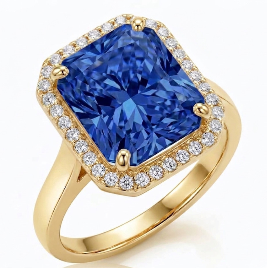 8.00 Ct Certified Radiant Cut Blue Natural Diamond Ring VVS1 Yellow Gold Finish