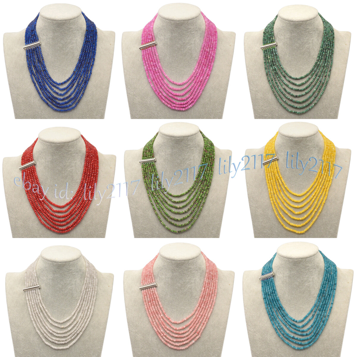 7 Rows Faceted 2x4mm Multicolor Jade Gemstone Rondelle Beads Necklaces 17-23”