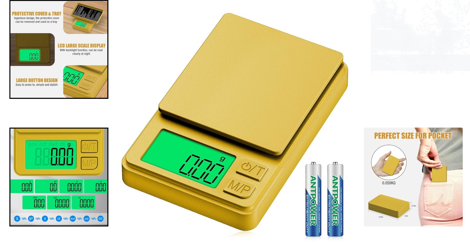 Gold Pocket Scale with Tare Function, Backlit LCD, and 7 Units – 1000g Capacity