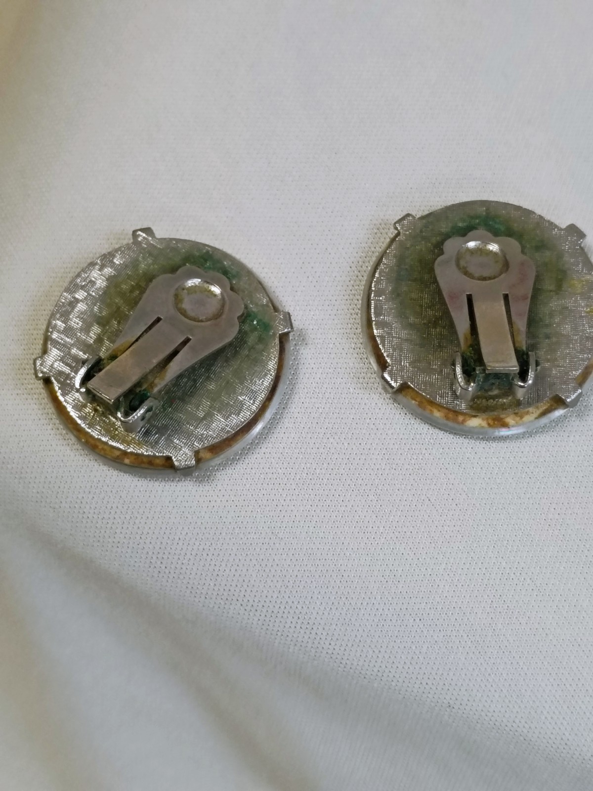 Vintage Holographic Round Clip-On Stud Earrings Metal Pair