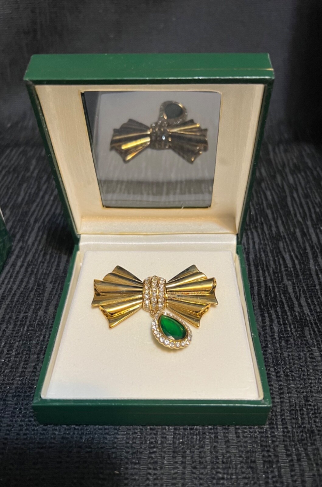 Avon Rhinestone Bow and Dangle Brooch, Signed 2004 HS Avon, 2-1/8″, In Box