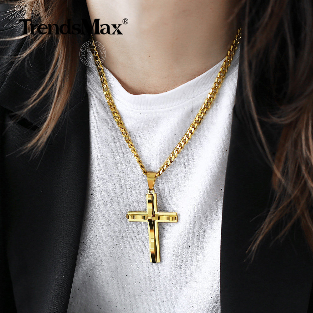 Mens Womens Stainless Steel Curb Chain Necklace w Cross Pendant Silver Gold