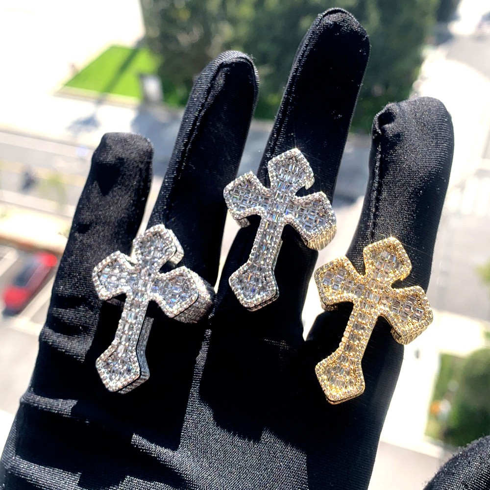 18K Gold Plated Iced CZ Out Cross Ring For Men White Gold Plated Fashion Jewelry