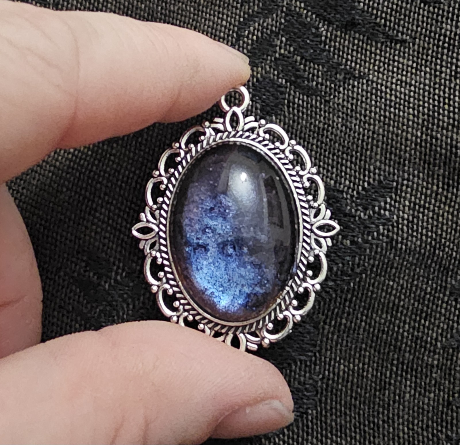 Silver Filigree Oval Resin Pendant Midnight Blue Purple Galaxy Shimmer Handmade