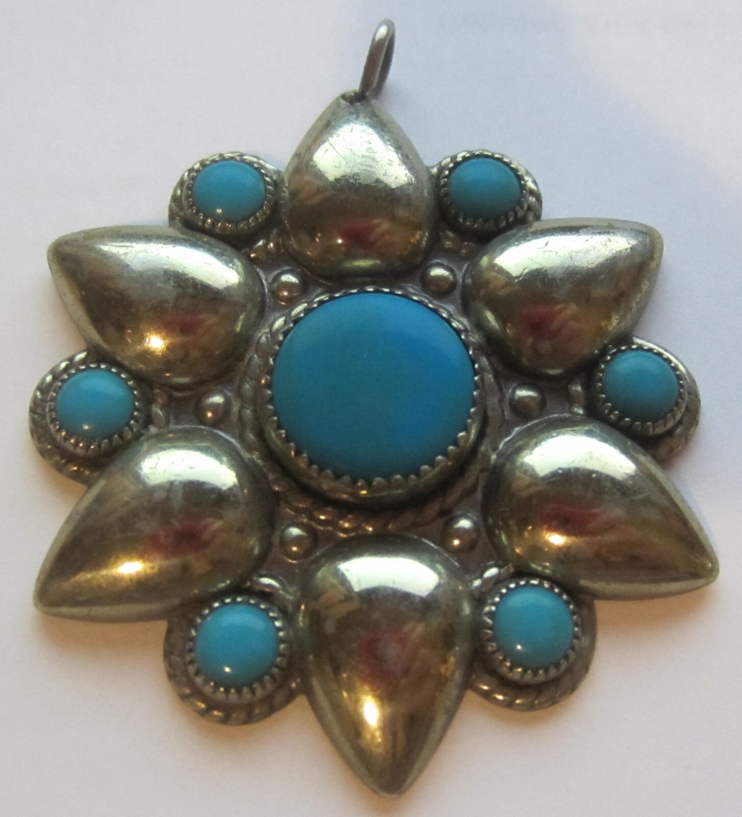 Vintage Nickle Silver Faux Turquoise star burst pendent Bell Trading Post