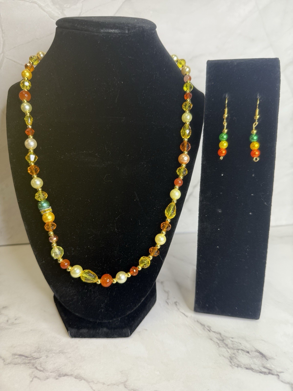 orange, yellow and green beaded handmade necklace and earring set