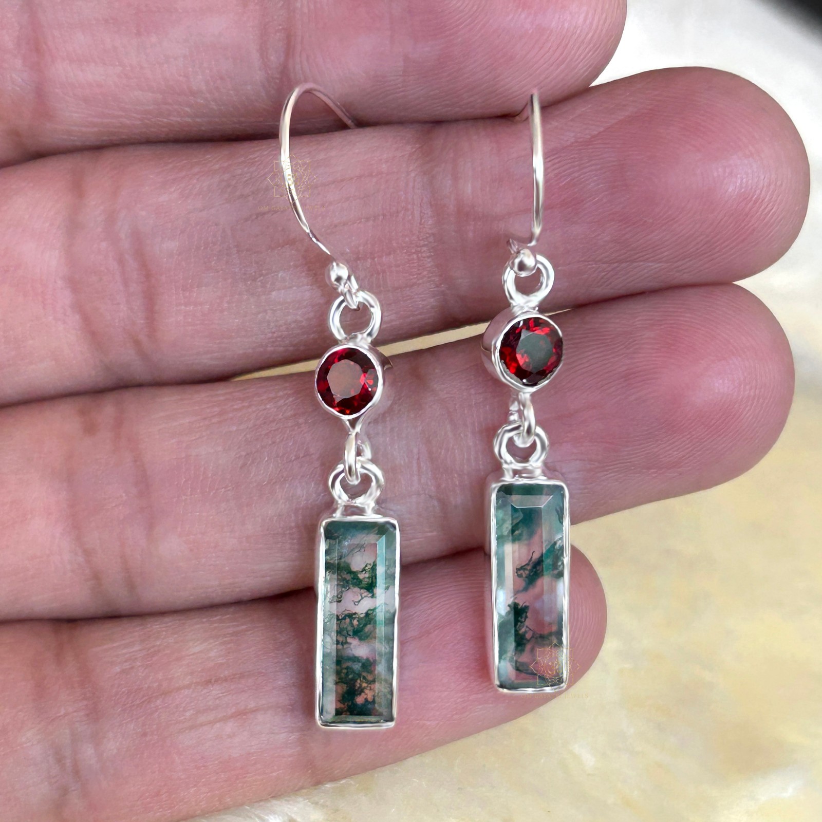 Rectangle Moss Agate & Garnet Earrings 925 Streling Silver Handmade Jewelry