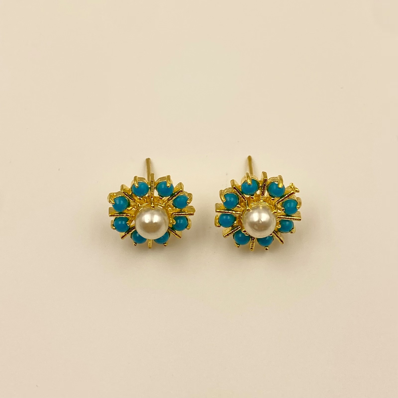 Handmade Turquoise, Coral & Pearl Gem Stud Earrings Set | Gold Plated Jewelry
