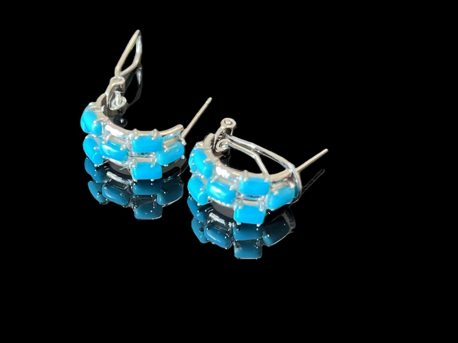 925 Solid Silver 3x4mm Blue Turquoise English Lock Stud 16mm Earrings