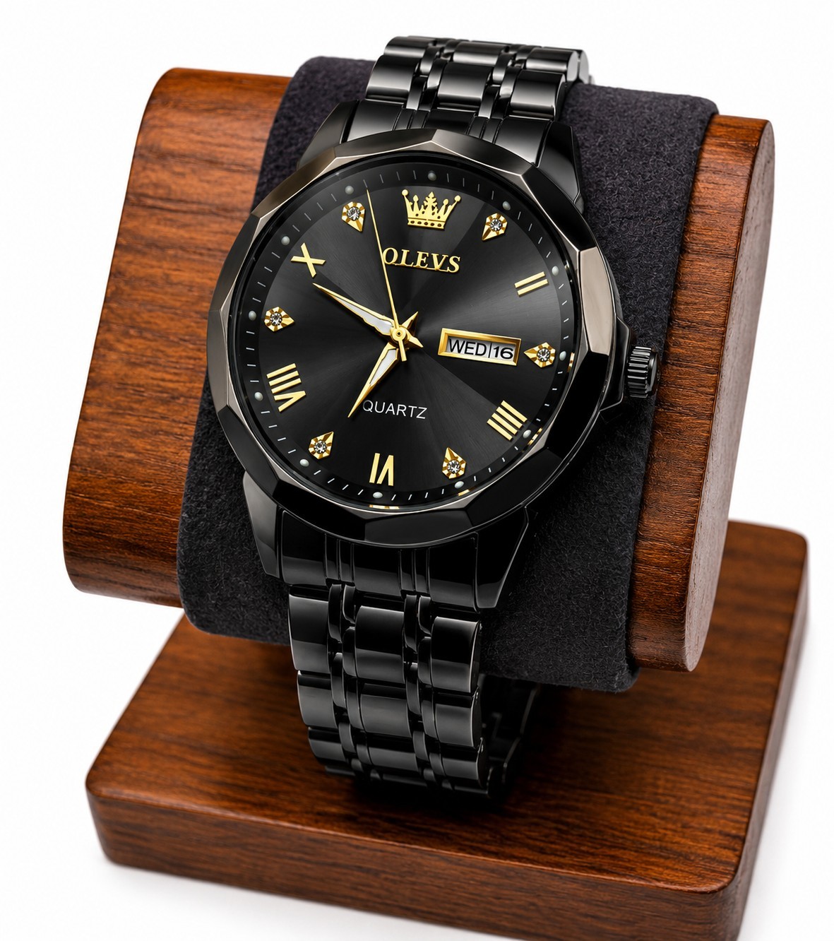 OLEVS 9931 Men’s Quartz Watch Black Sunburst Dial Black Stainless Steel Day Date