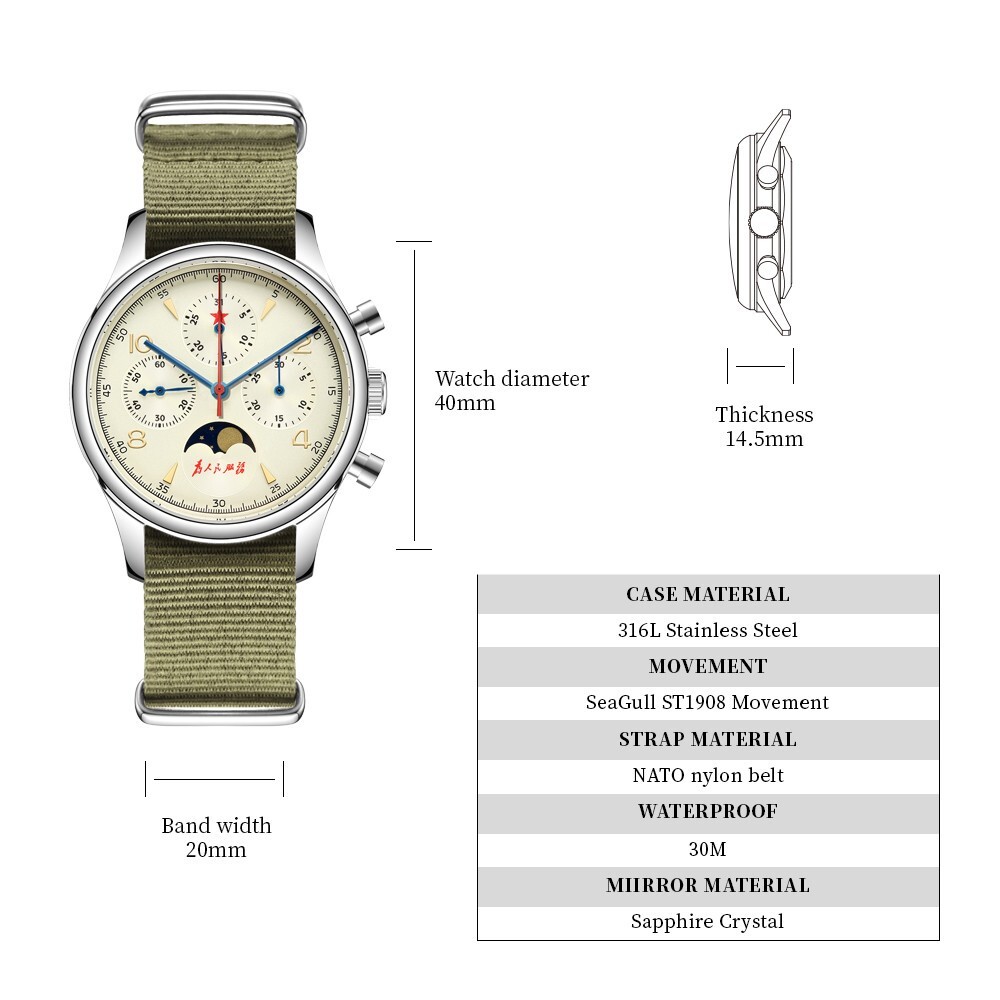 SEAKOSS Vintage Mechanical Watch with Seagull Movement: Moon Phase Chronograph