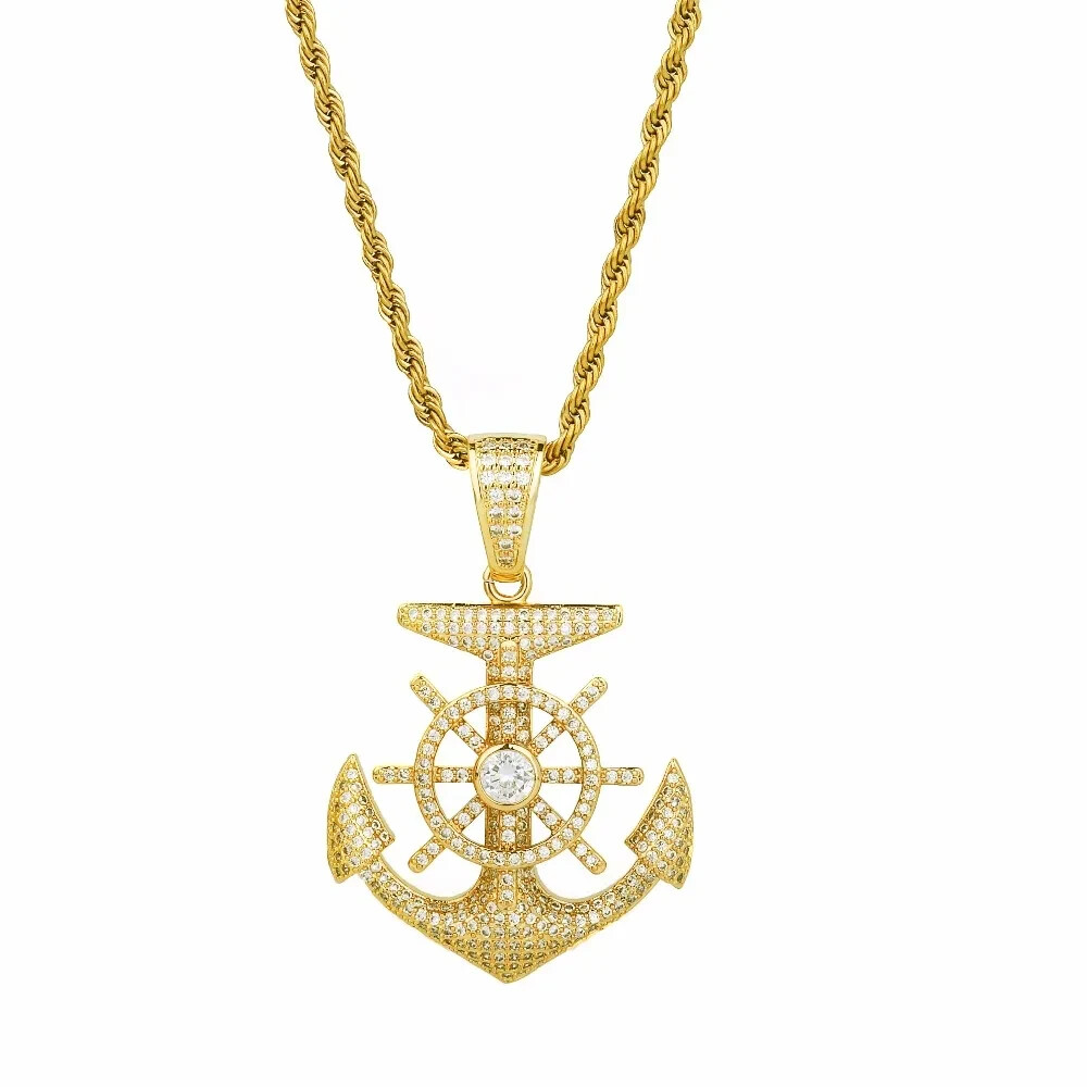 2 Ct Round Natural Moissanite ANCHOR AND RUDDER Pendant 14K Yellow Gold Plated