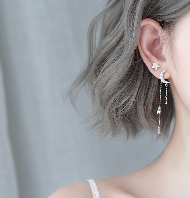 18K Gold Sterling Silver CZ Moon Star Tassel Asymmetrical Stud Earrings Box PE47